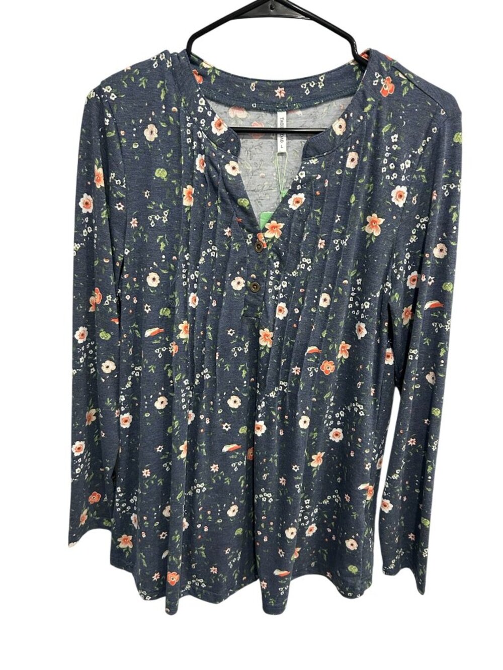 Taohuadao Navy Floral Long Sleeve Button Accent Top Size L Boho Chic Minimalist